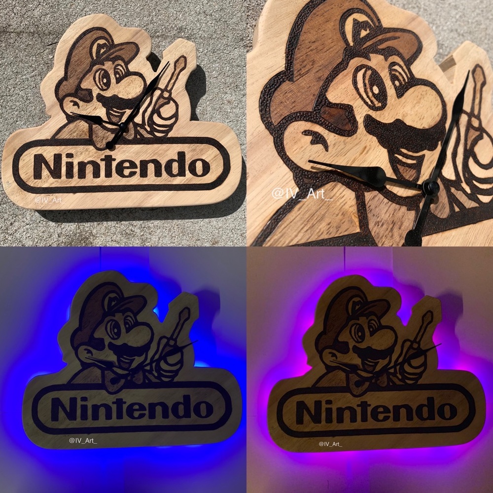 Custom Made Nintendo Mario Service Wooden Light Up Clock